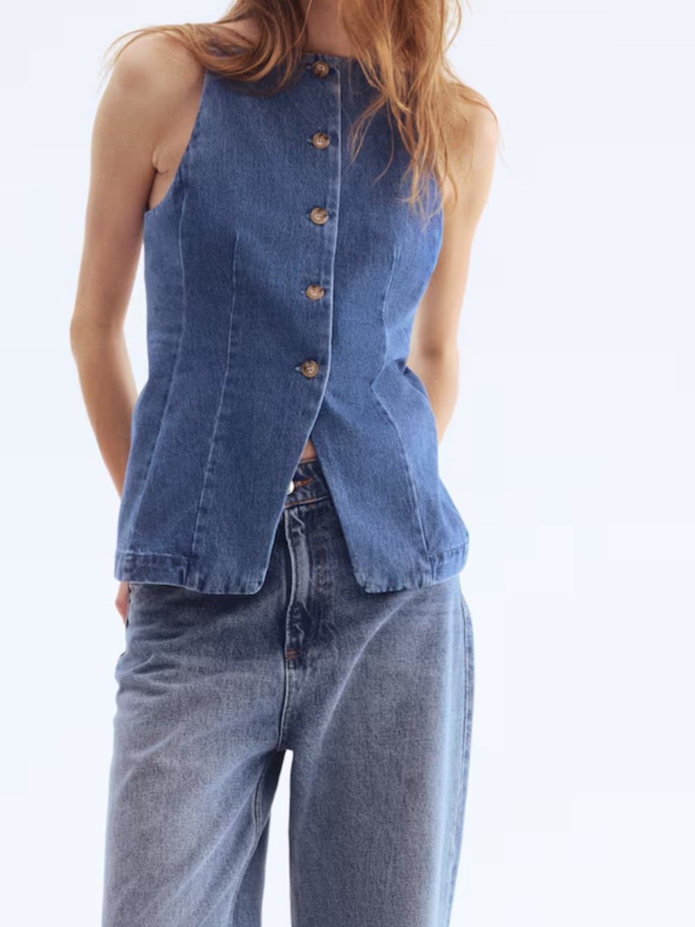 H&M Blue Denim Sleeveless Button Front Top